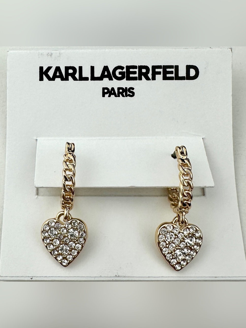 Karl Lagerfeld Paris Pavé Crystal Heart Drop Hoop Earrings Gold Tone NWT